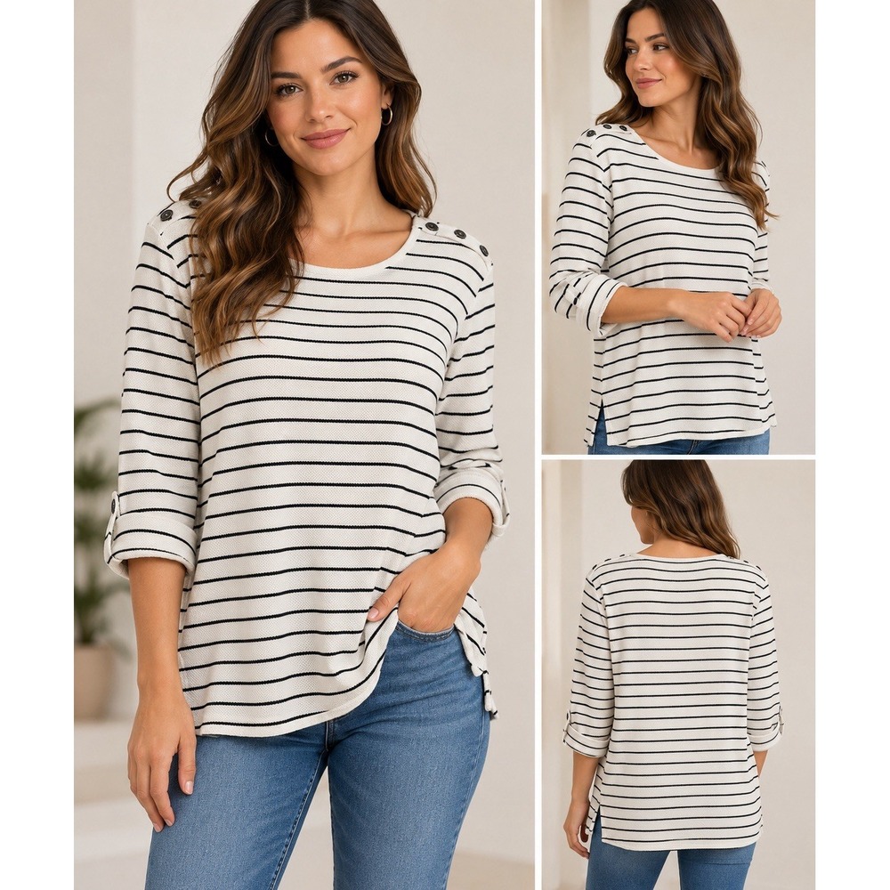Croft & Barrow Shirt Blouse Womens Sweater L  Stripes Black White